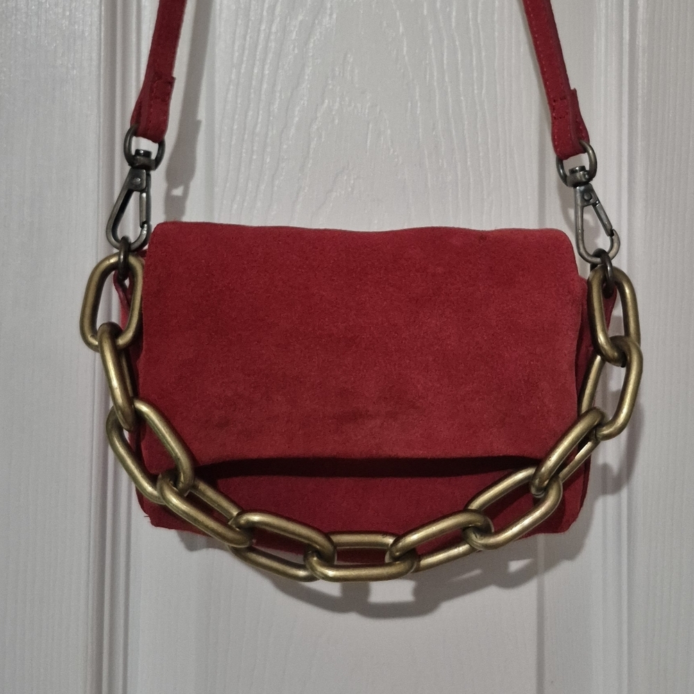Free People Red Suede Charlie Chain Crossbody Bag / Purse